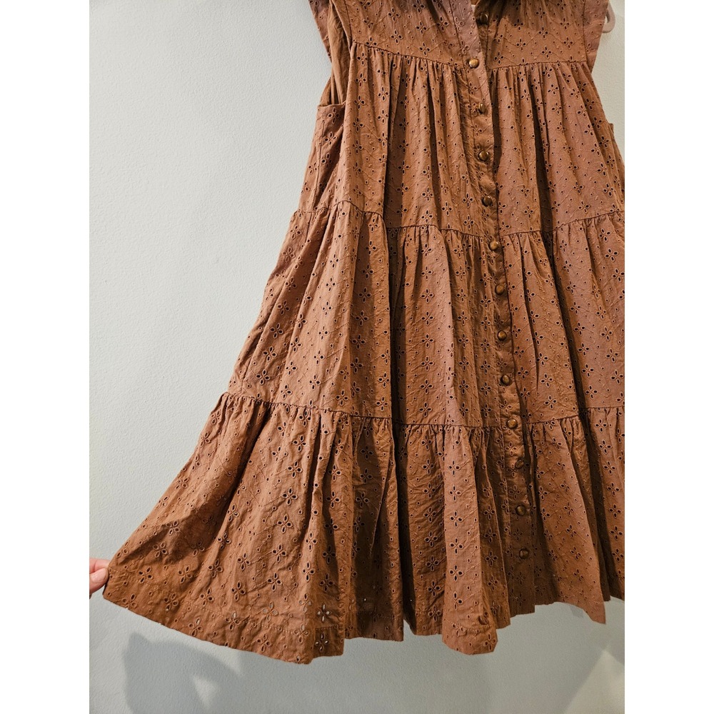 Mon Renn Florence Floral Eyelet Tiered Flare Mini Cotton Button Front Dress US S - Picture 5 of 12